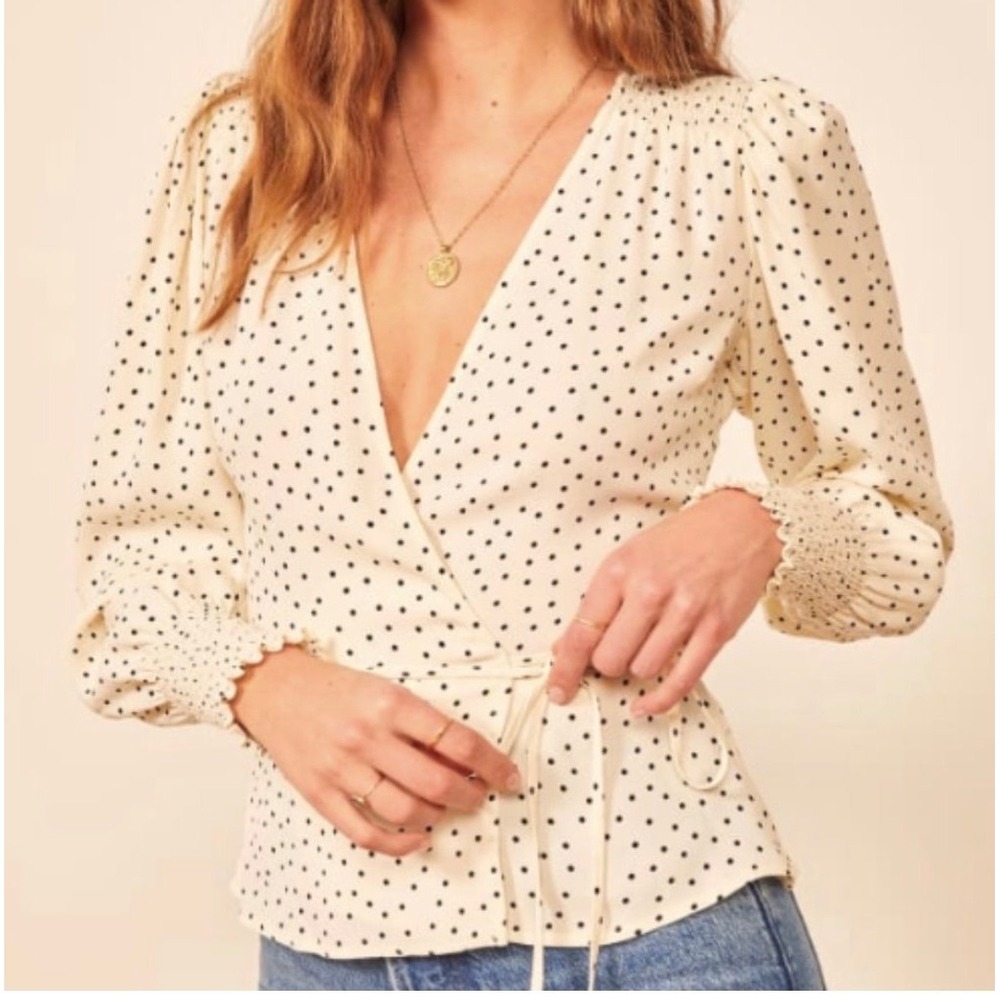 Reformation Cream Black Polka Dot Smock Cuff Deep V Wrap Top Chic Minimalist XL